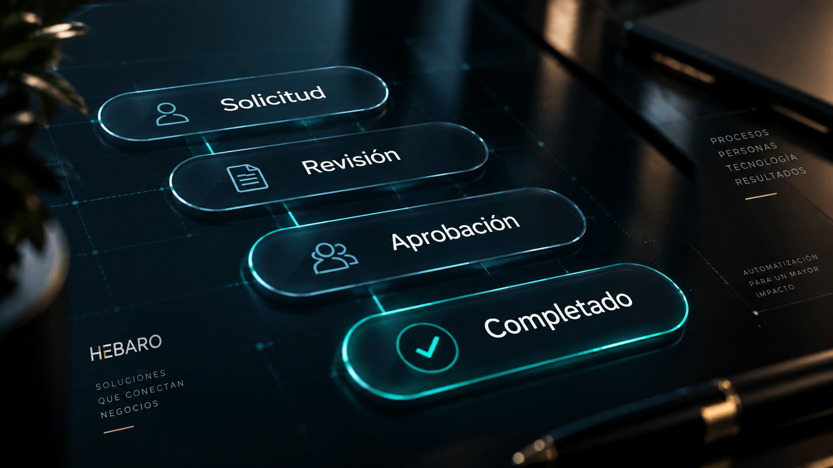 Flujo digital de solicitud, revisión, aprobación y proceso completado.
