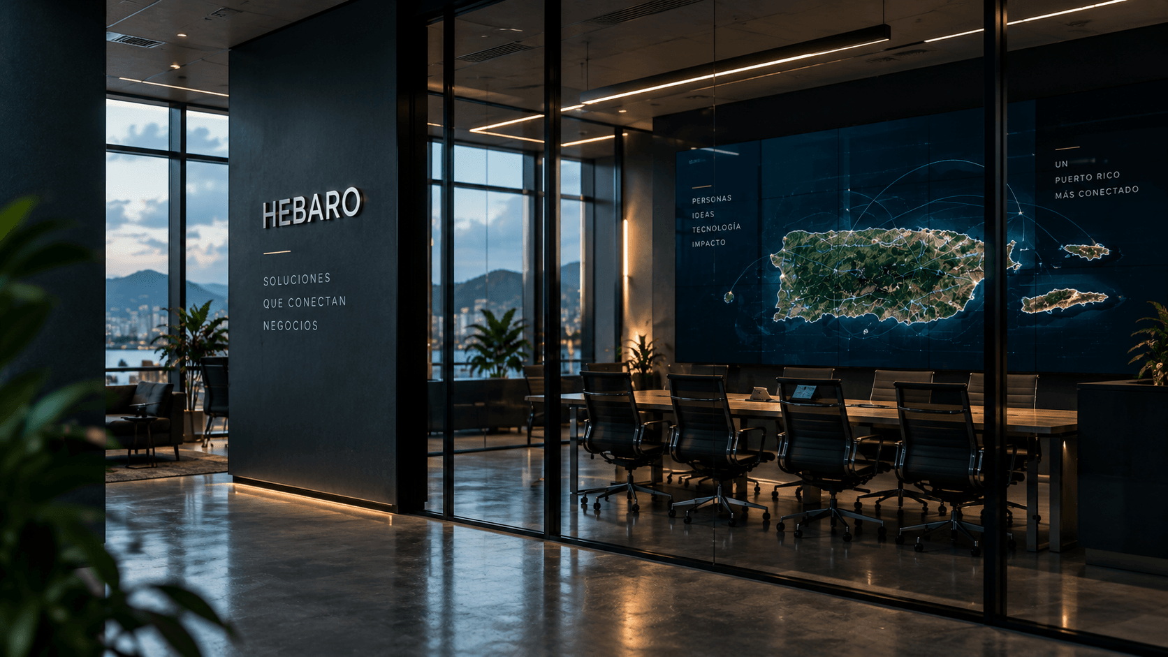 Sala de conferencias moderna de HEBARO con vista de la ciudad y pantallas tecnológicas.