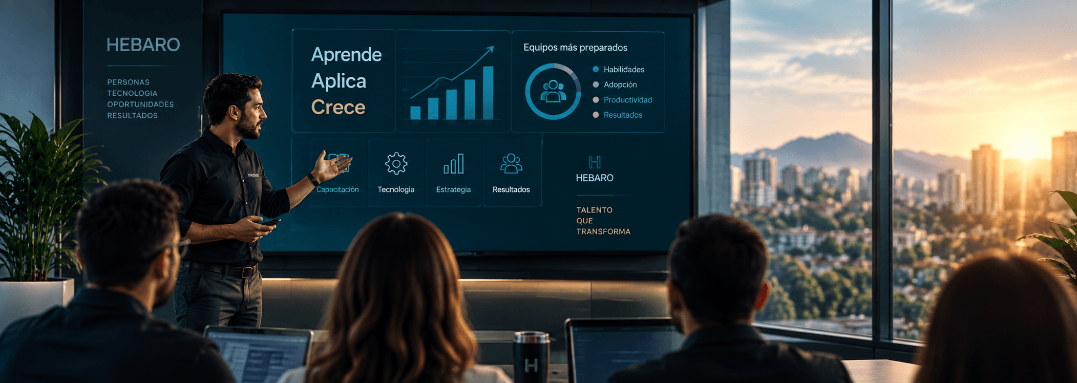 Un equipo aprende con un instructor frente a un dashboard de tecnología.