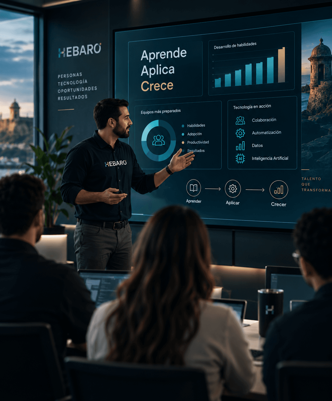 Un instructor presenta frente a un dashboard de tecnología.
